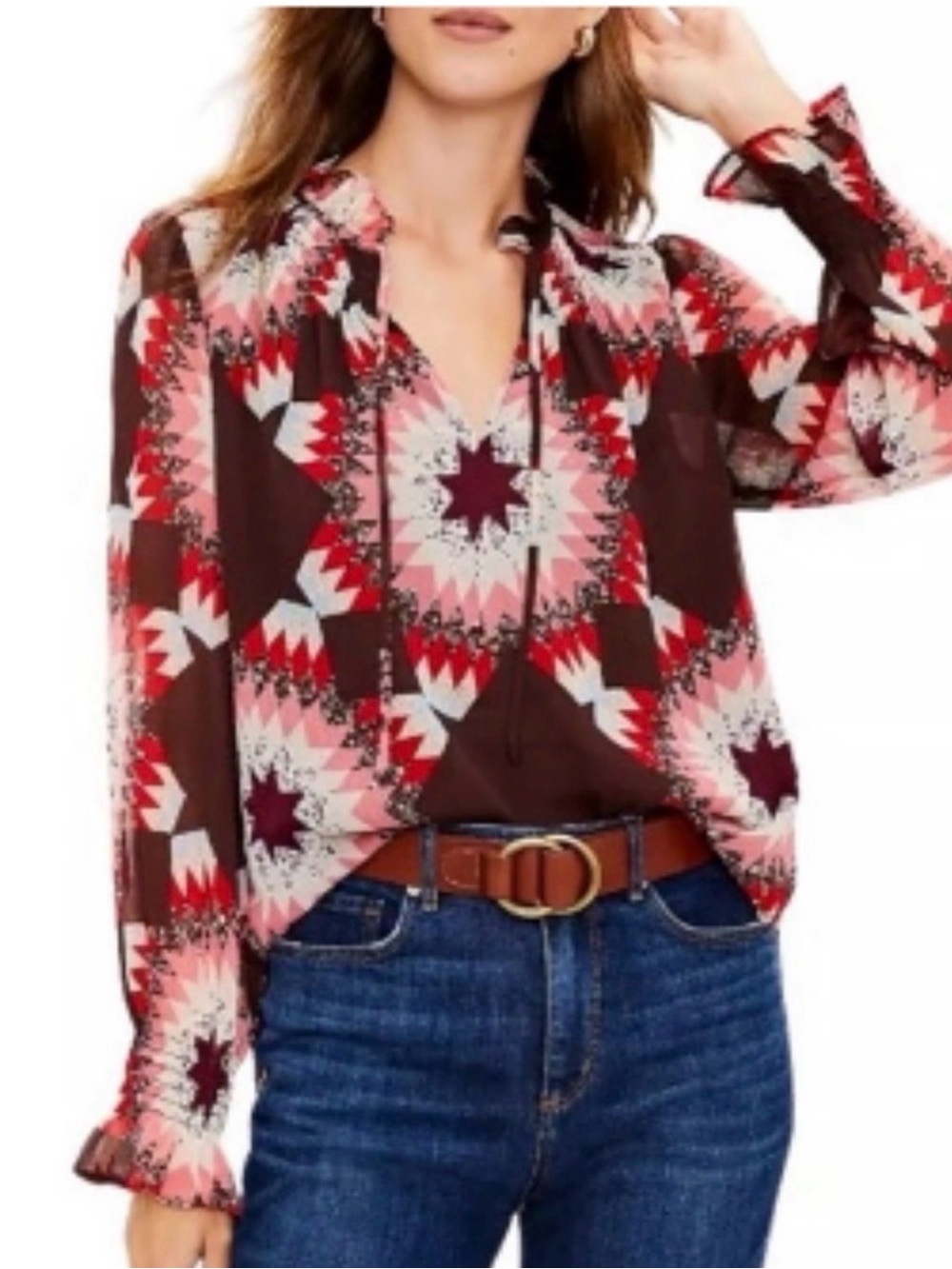 LOFT Brown and Pink Geometric chiffon blouse MP